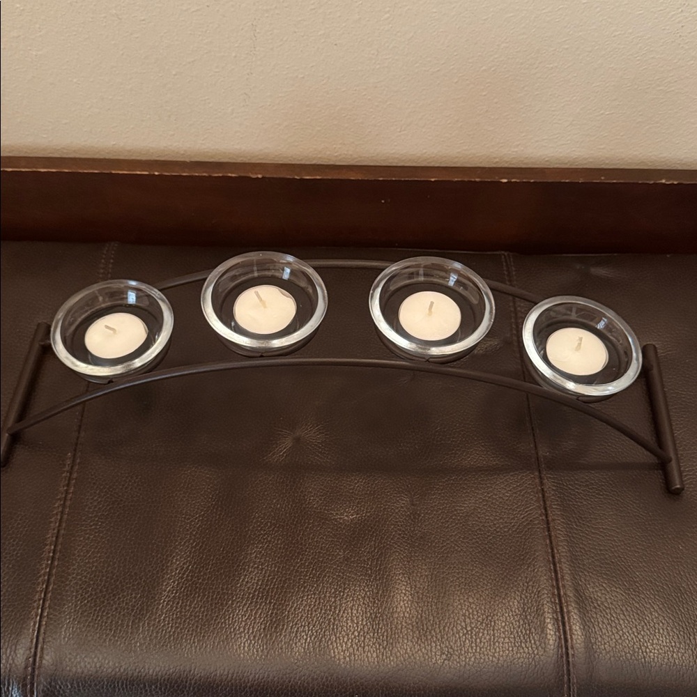 Votive or Tea Light Candle Holder w/4 Glass Cups on an Arched Metal Holder